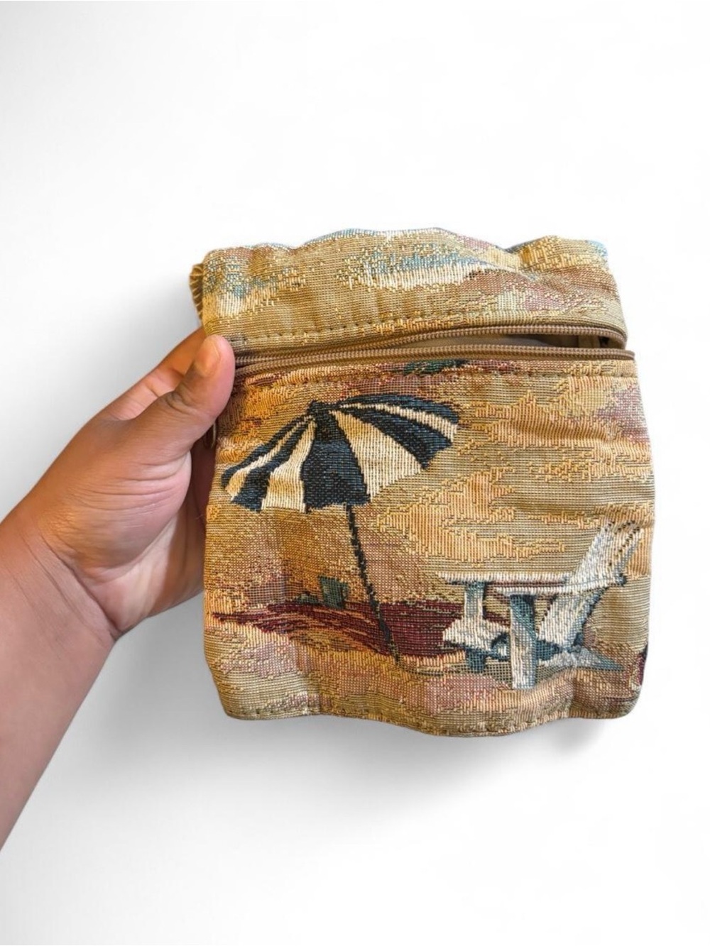 Tapestry Beach Scene Zipper Pouch - Beige Multi